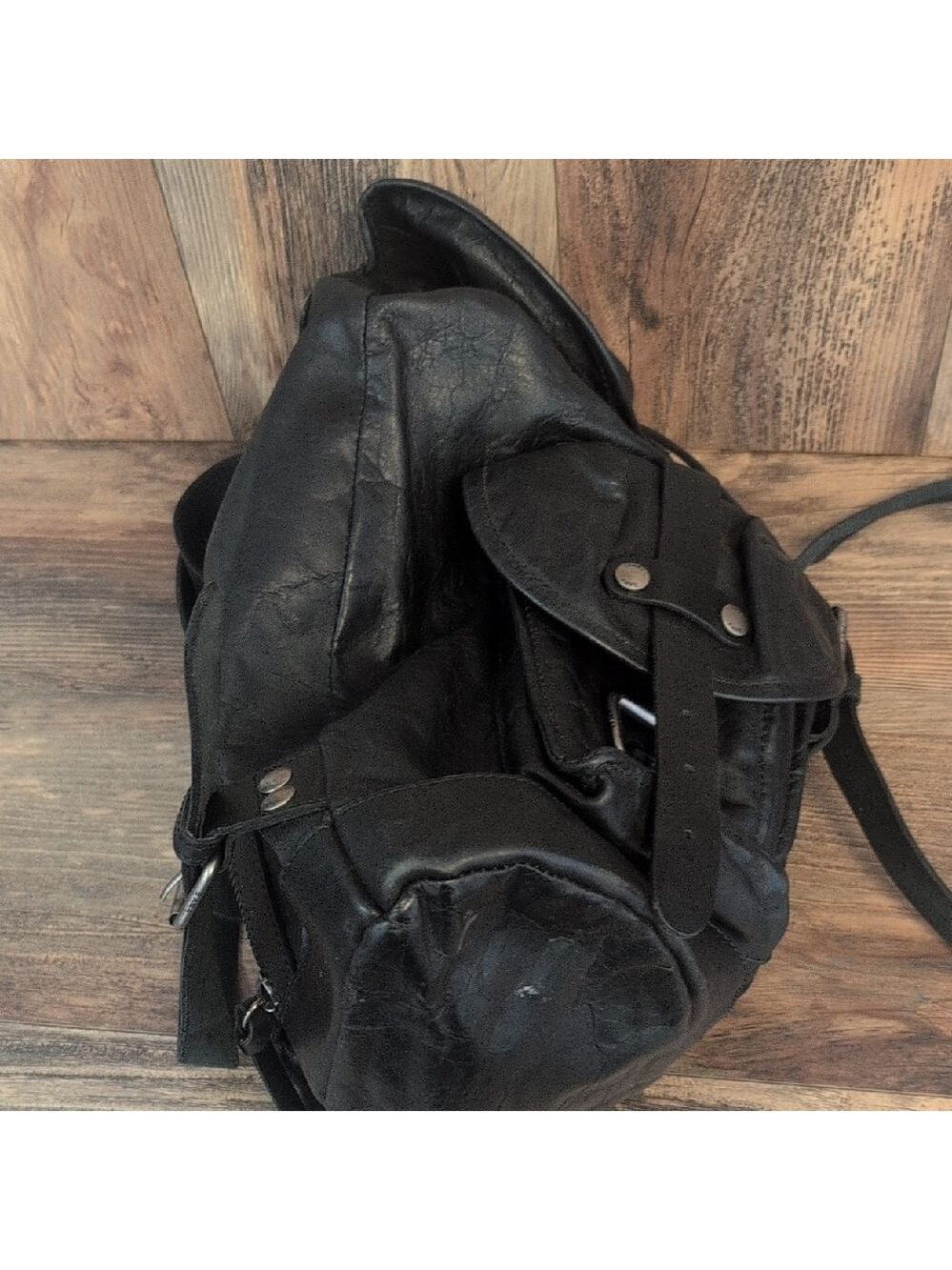 Frye Black Leather Buckled Zipper Back Vintage Rare Unisex Backpack -C192 - Picture 6 of 11